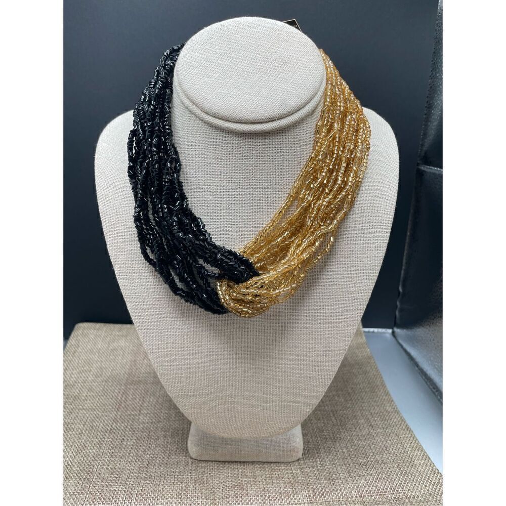Bohemian Glass Vintage Seed Beaded Black & Gold Looped Necklace